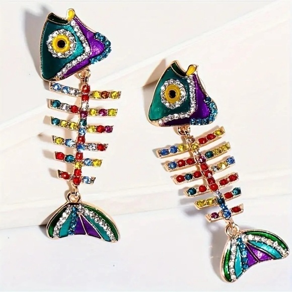 Colorful Fish Bone Earrings - Picture 2 of 3